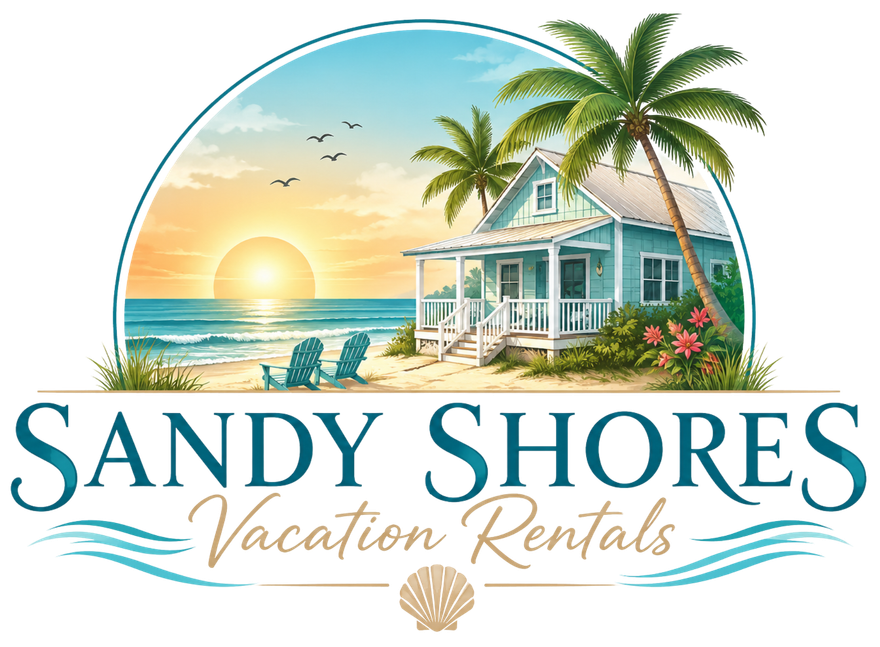 Sandy Shores Vacation Rentals logo with tropical beach, sunset, palm trees, and a seaside house