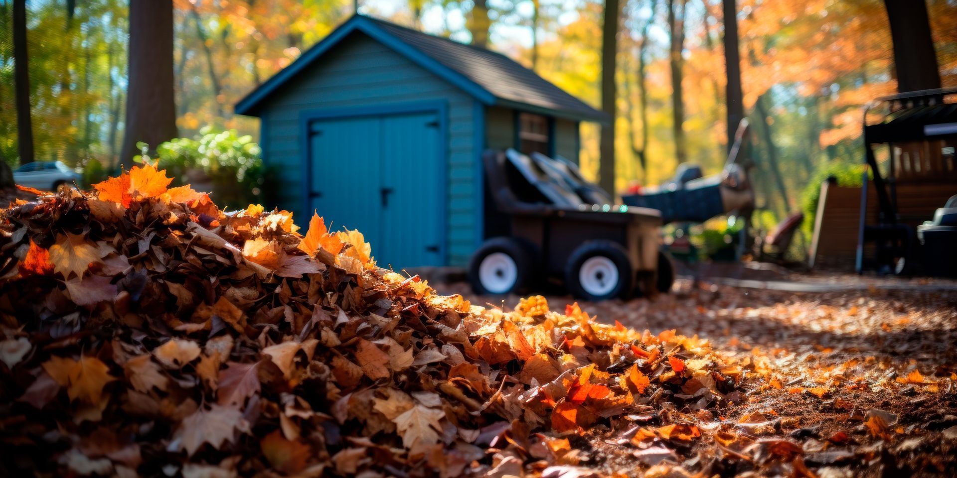 A pile of leaves is sitting in front of a blue shed.