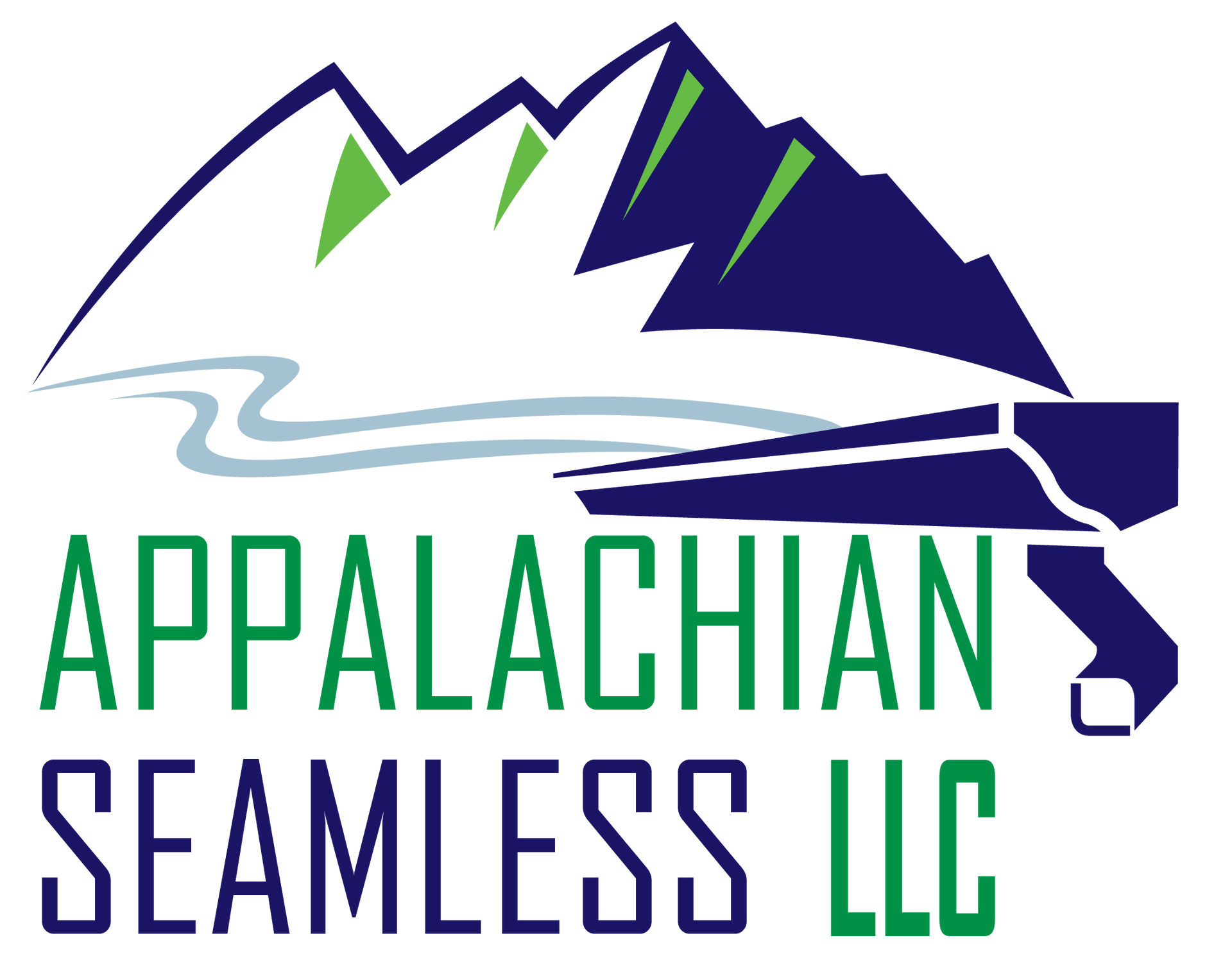 The logo for appalachian seamless llc shows a mountain and a river