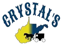 The logo for crystal 's has a map of west virginia and a horse drawn carriage.