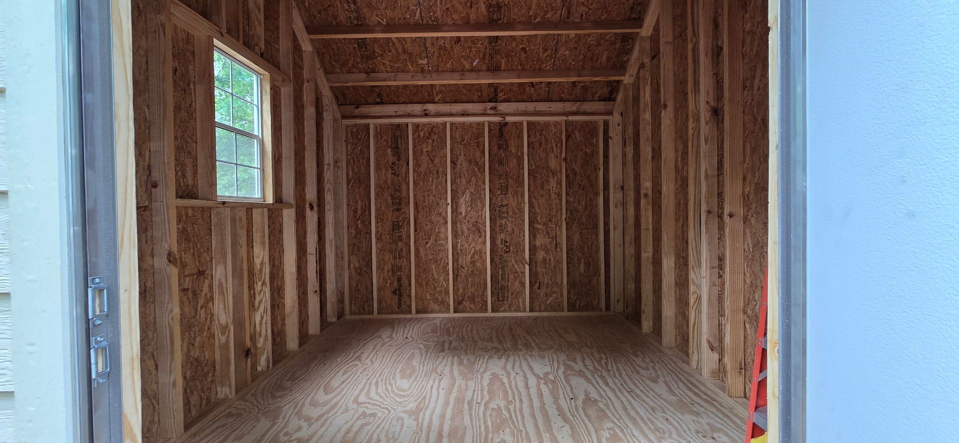 Empty wooden shed interior with bare studs, plywood floor, and a small window.