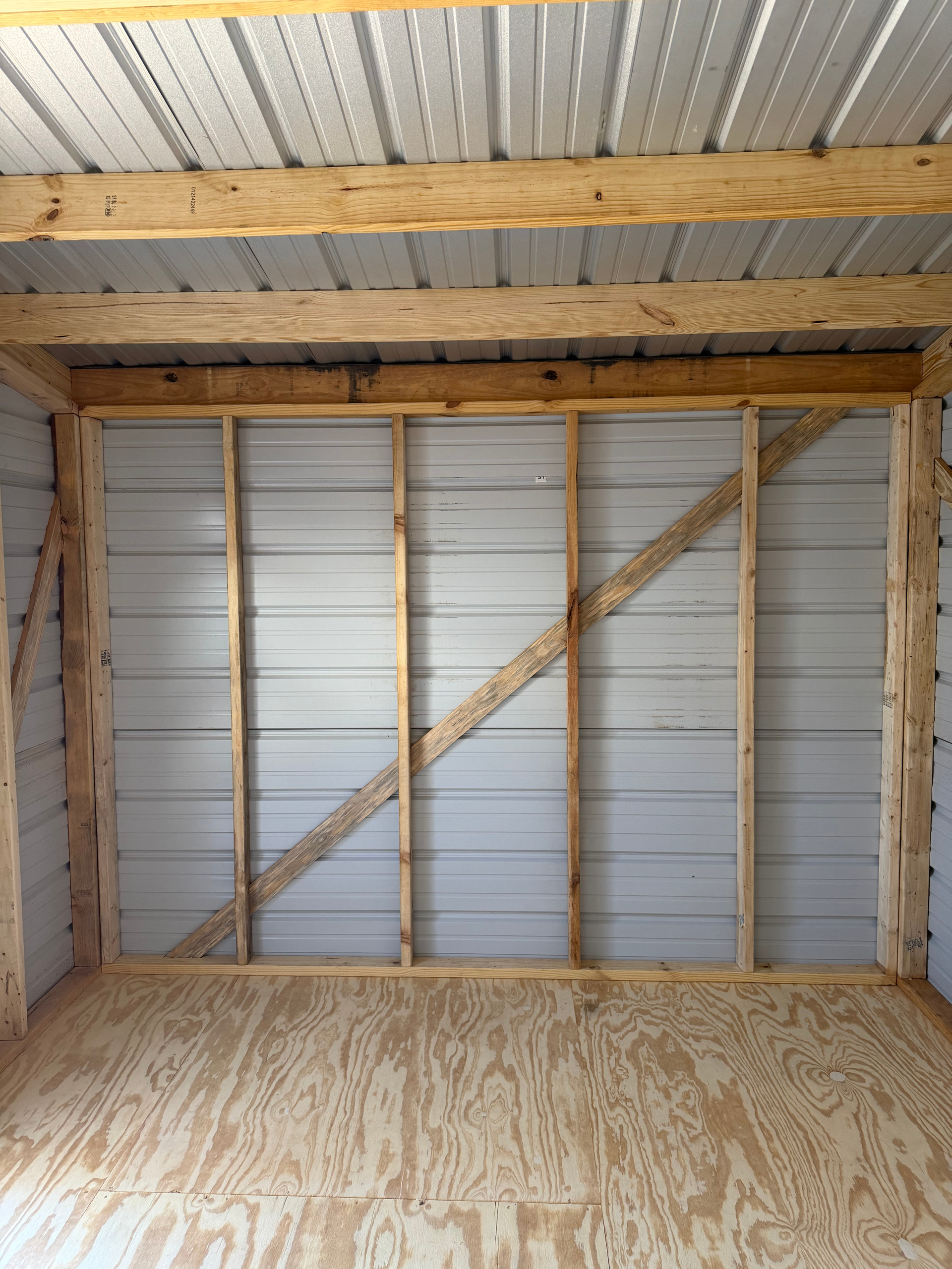 Bare wood-framed shed interior with corrugated metal walls and plywood floor