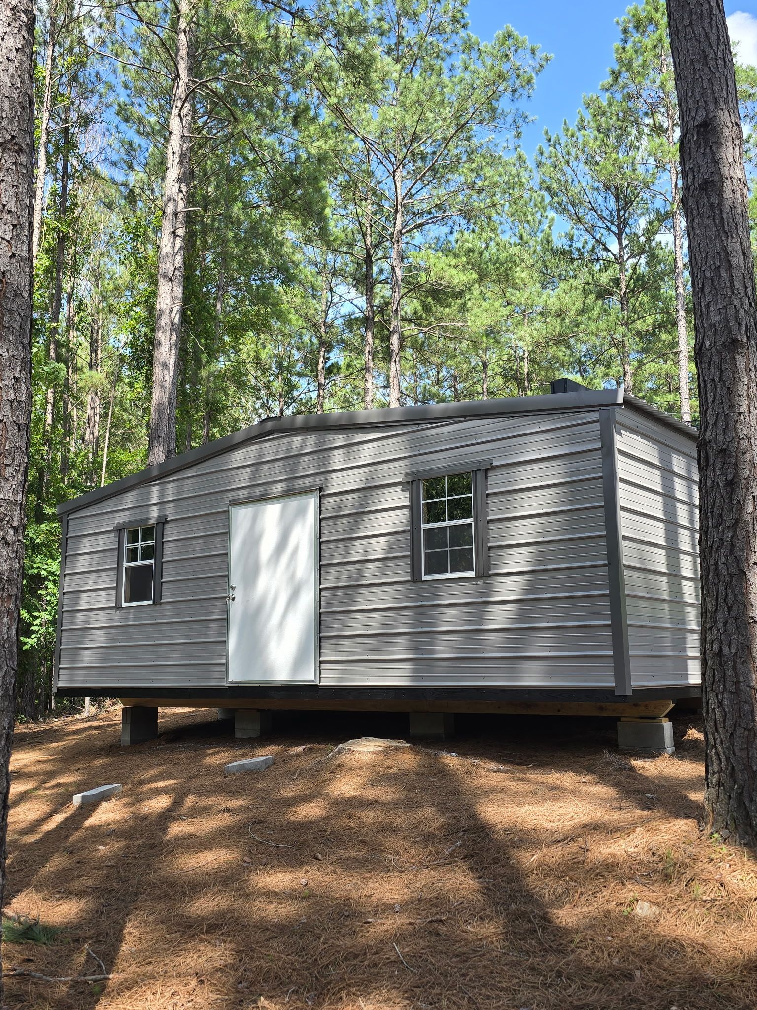 Small gray cabin on stilts in a pine forest, with a white door and windows.
