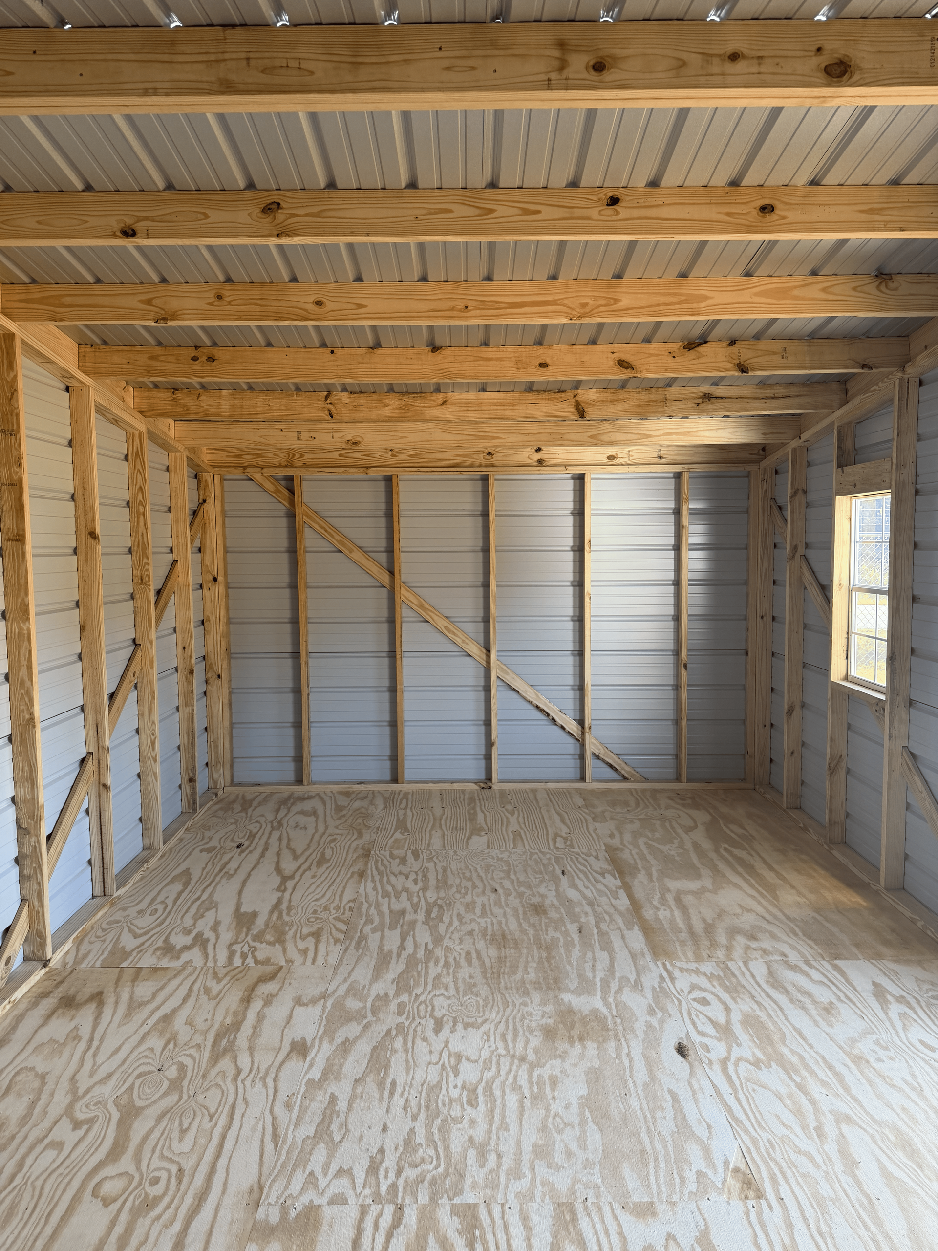 Empty unfinished wooden shed interior with exposed studs, plywood floor, and a small window on the right.