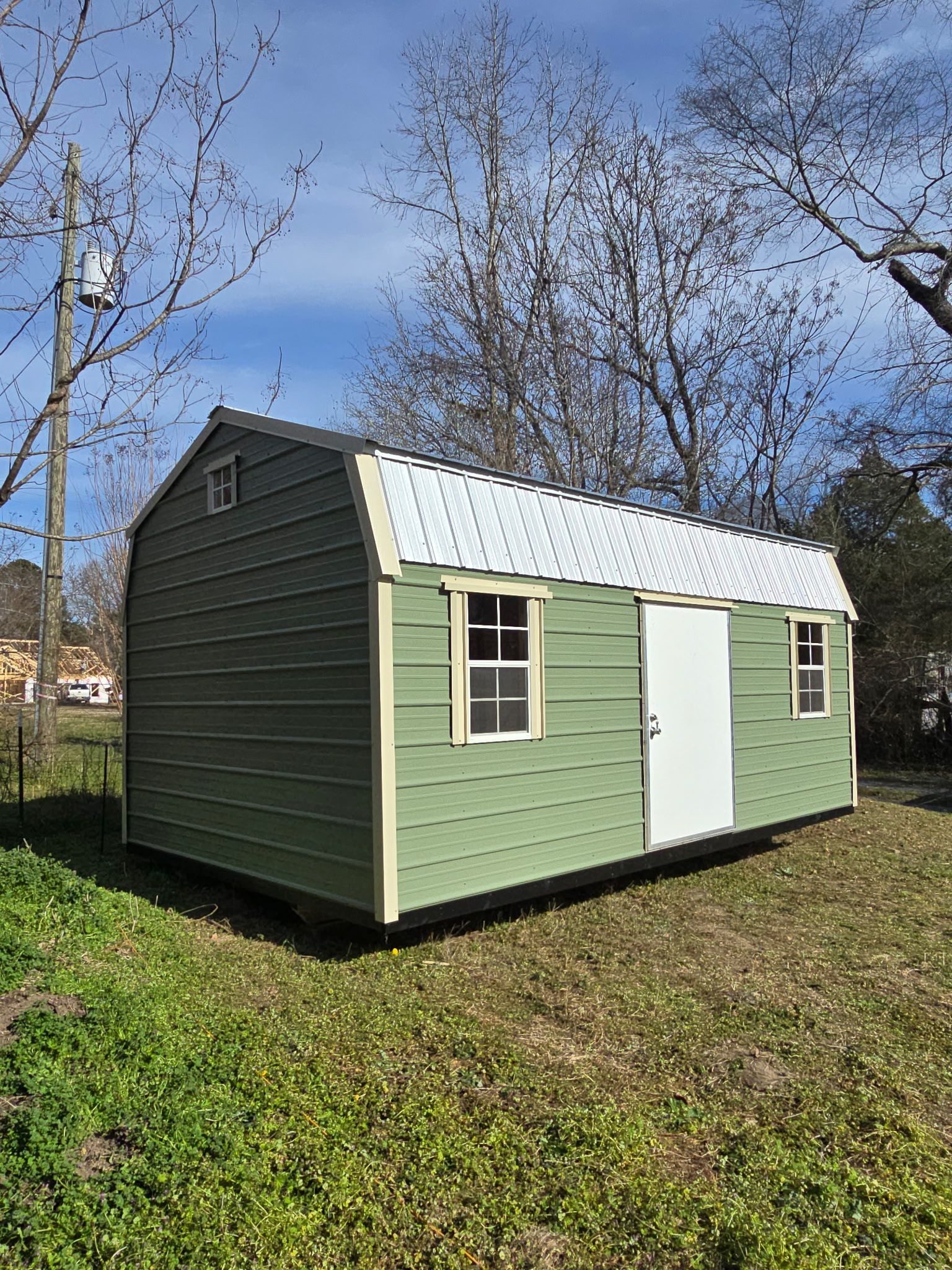 Green shed with white roof and door, two windows, set in a yard.