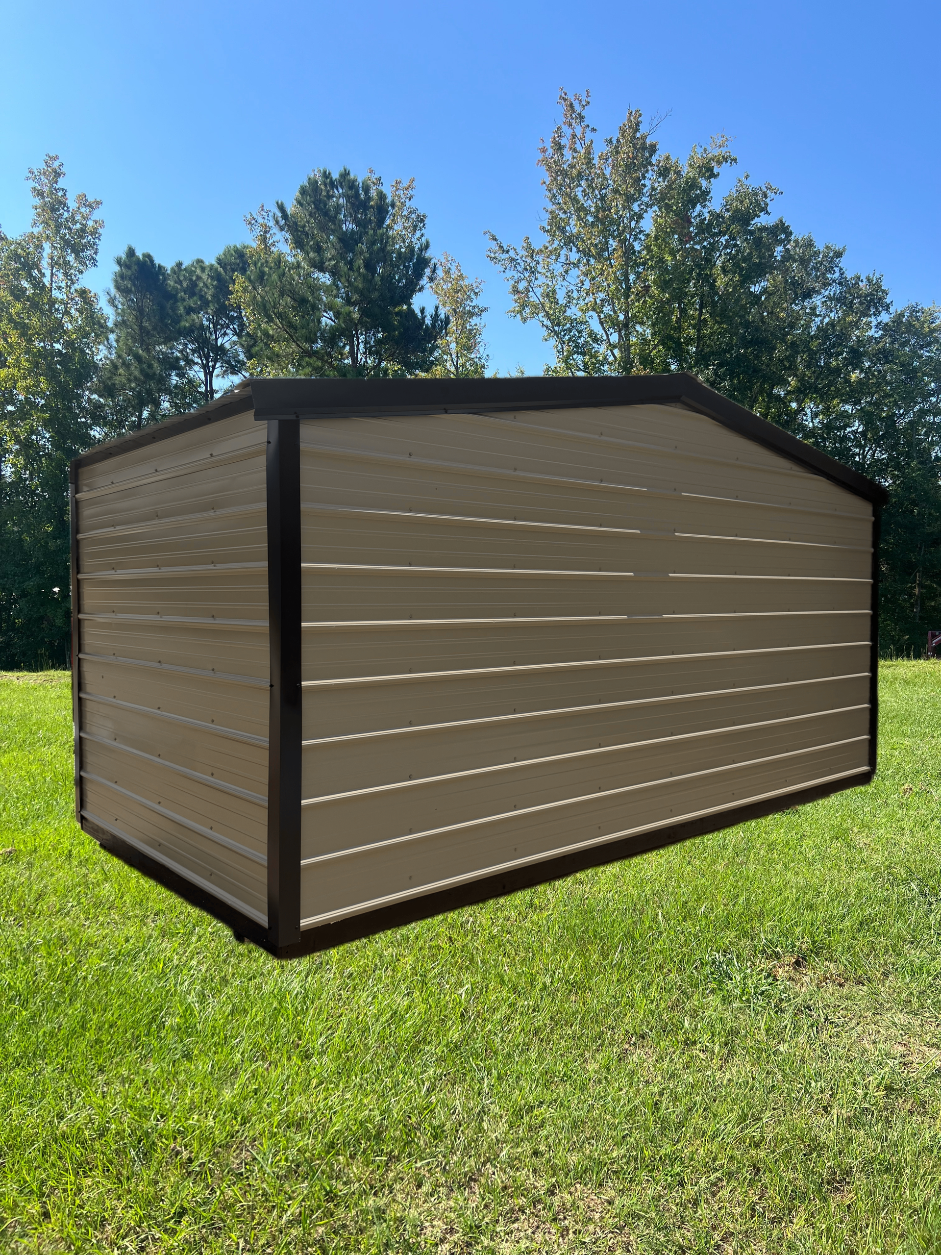 Brown metal storage shed on a grassy lawn with trees and blue sky in the background