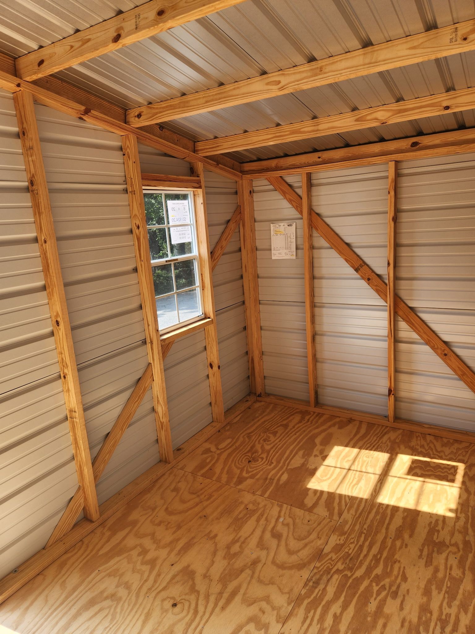 Empty unfinished shed interior with plywood floor, exposed studs, and a sunlit window.