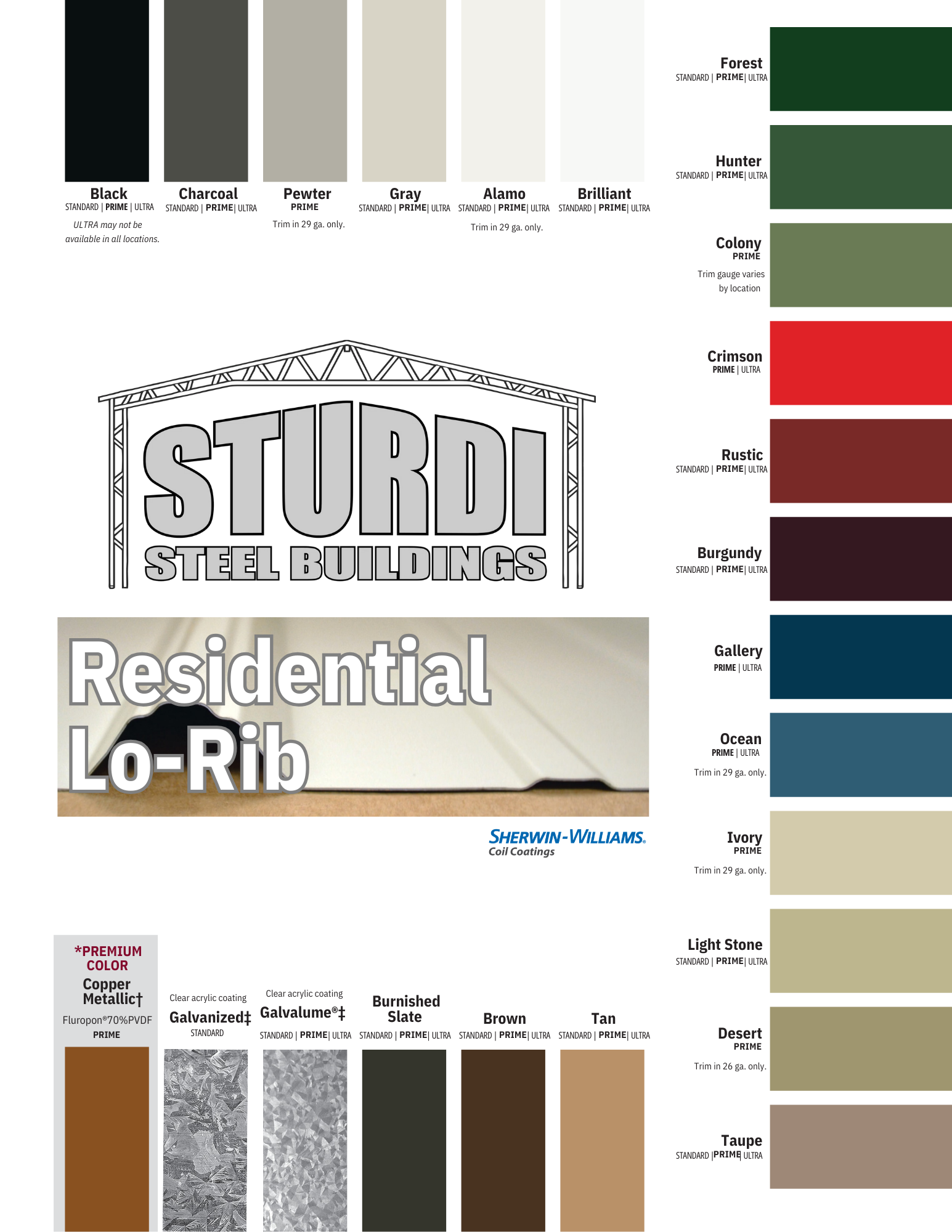 Color palette options from Sturdi Steel Buildings. Contains colors for roofing.