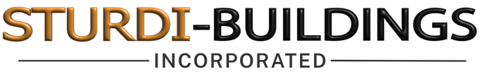 Sturdi-Buildings Incorporated logo with gold and black text on a white background