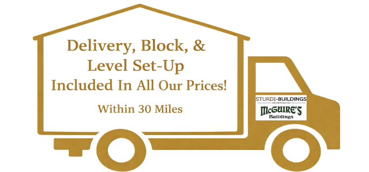 Gold truck icon with house-shaped trailer stating delivery, block, and level set-up is included within 30 miles.