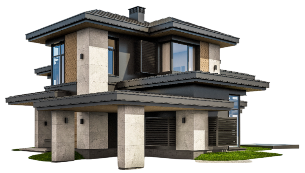 Modern two-story house with flat roof, gray trim, stone facade, and large windows.