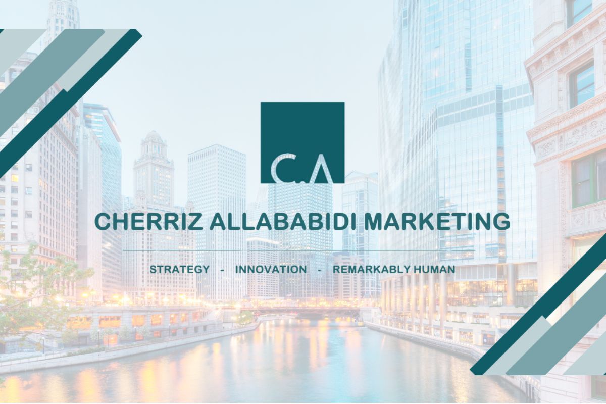 A business card for cherriz allababidi marketing with a river in the background