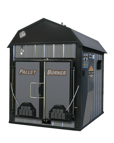 a pallet burner is sitting in a shed on a white background .