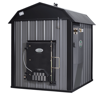 a black and gray shed with a black door