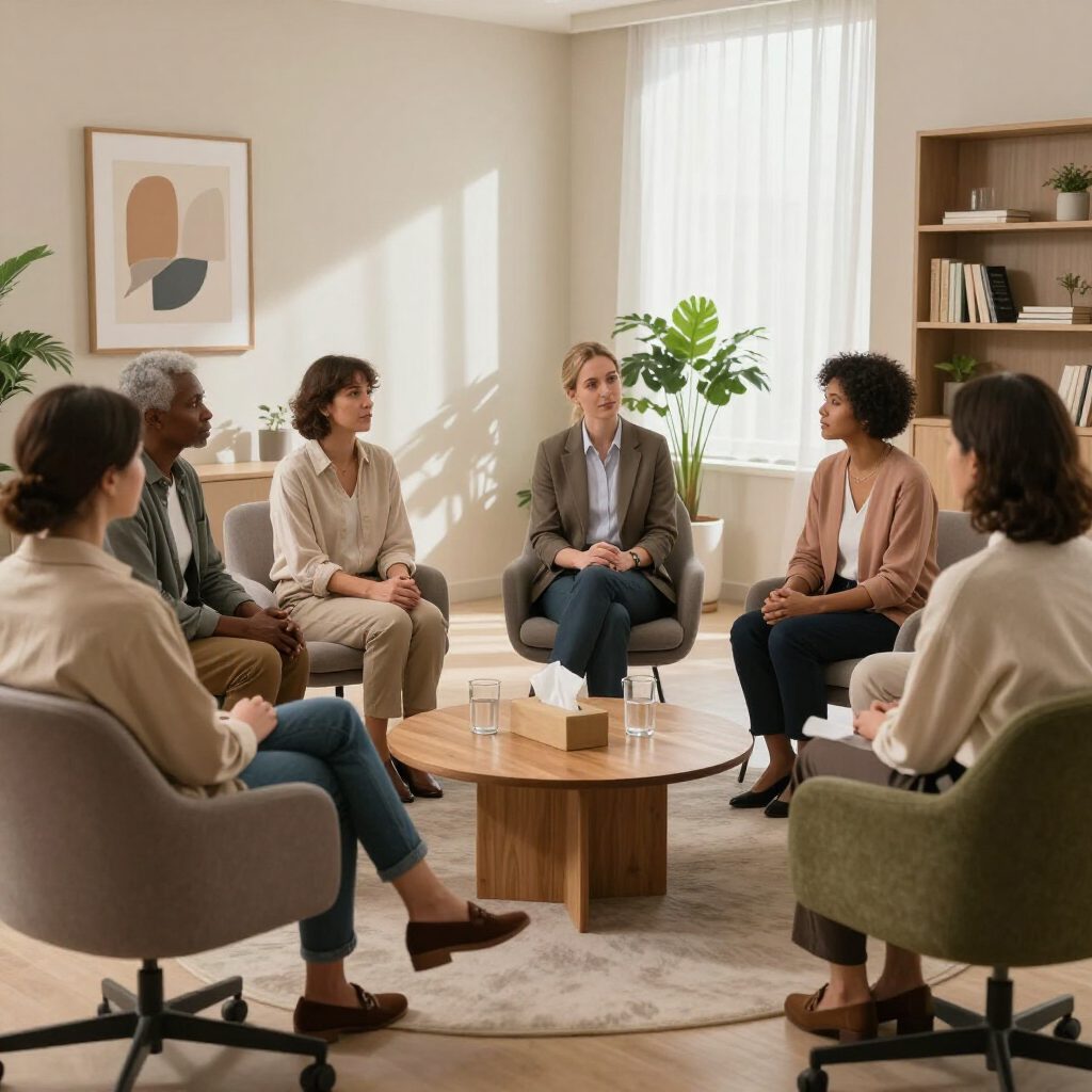 Een kleine groep mensen zit in een lichte woonkamer en voert een gesprek rond een lage houten tafel.