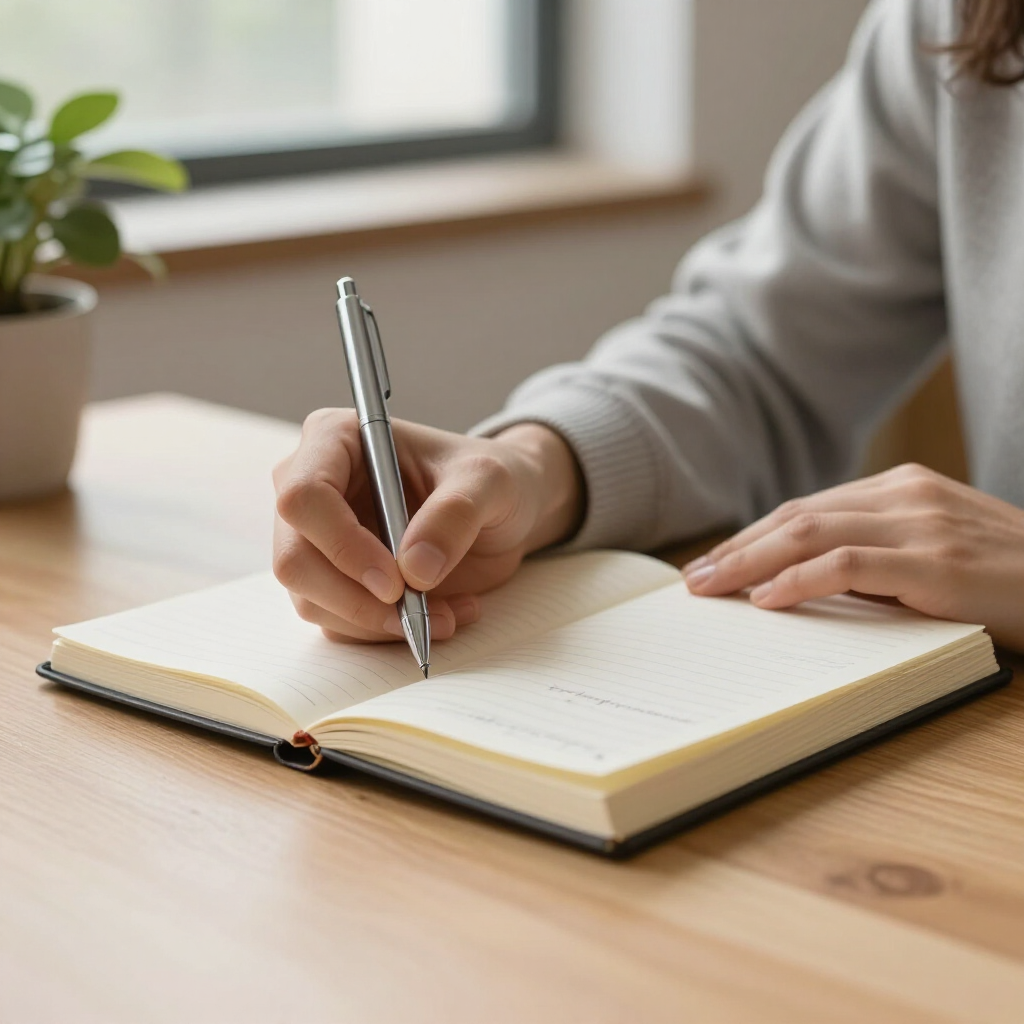 Handgeschreven notitieboek op een open notitieboek op een houten tafel bij een raam.