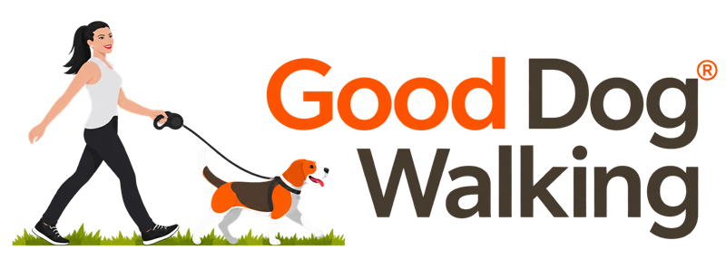 Good Dog Walking logo with woman walking a small orange dog on a leash