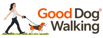 Good Dog Walking logo with woman walking a small orange dog on a leash
