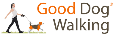 Good Dog Walking logo with woman walking a small orange dog on a leash