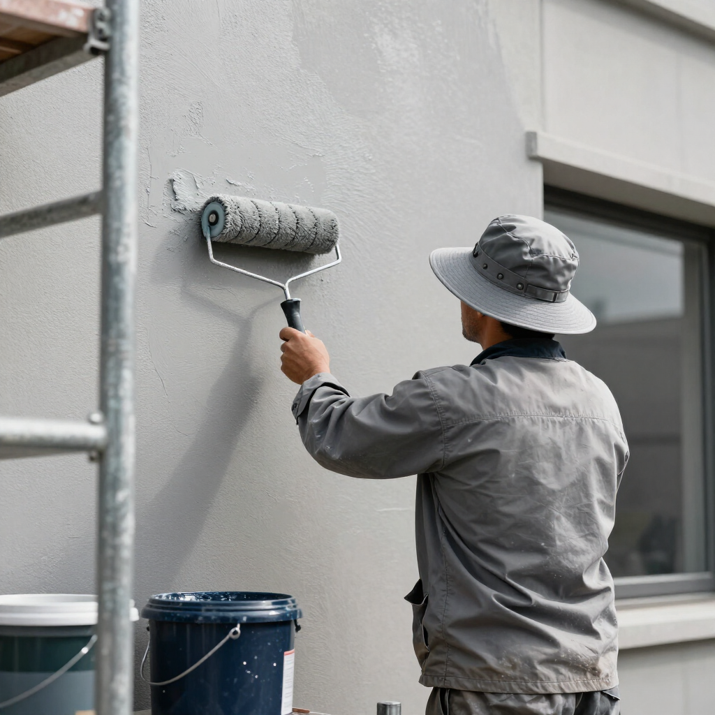 Painter rolling gray paint on an exterior wall beside a window and ladder