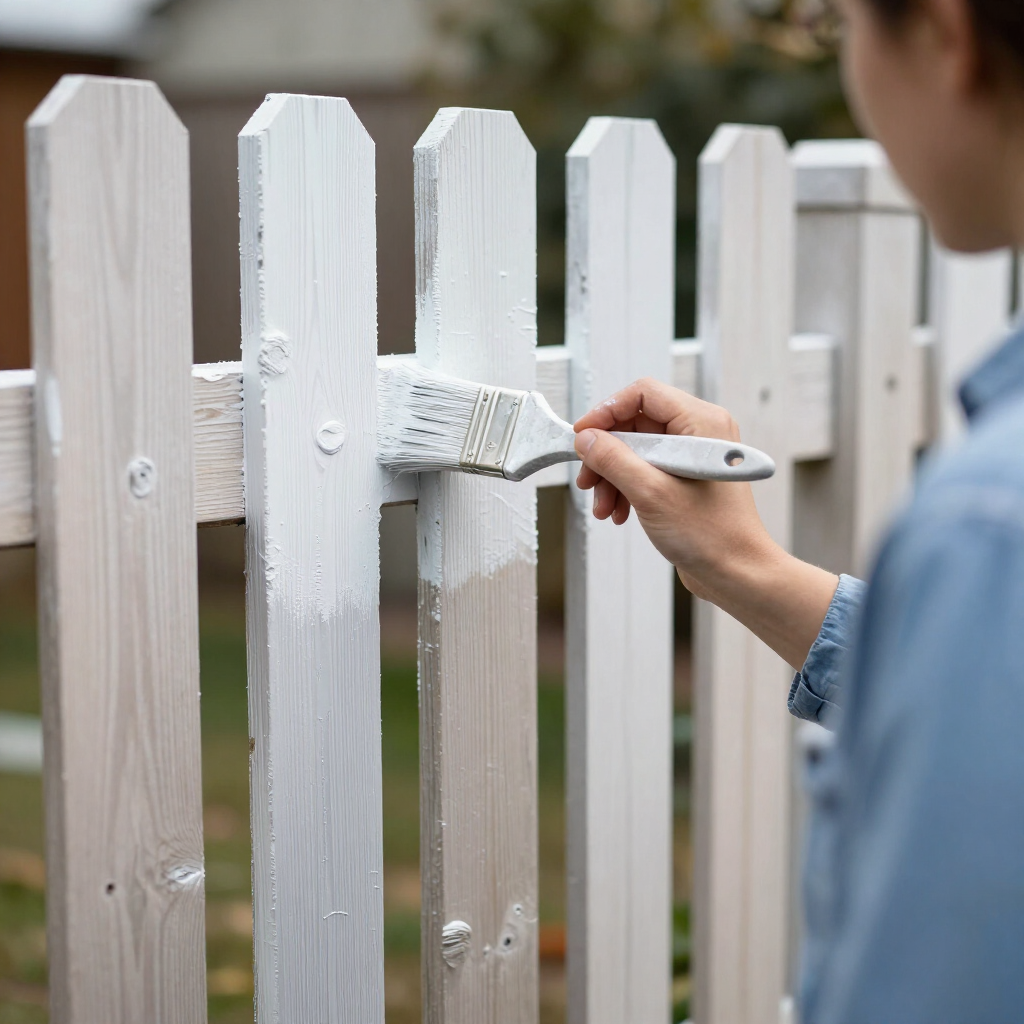 Hand painting a white wooden fence with a brush outdoors