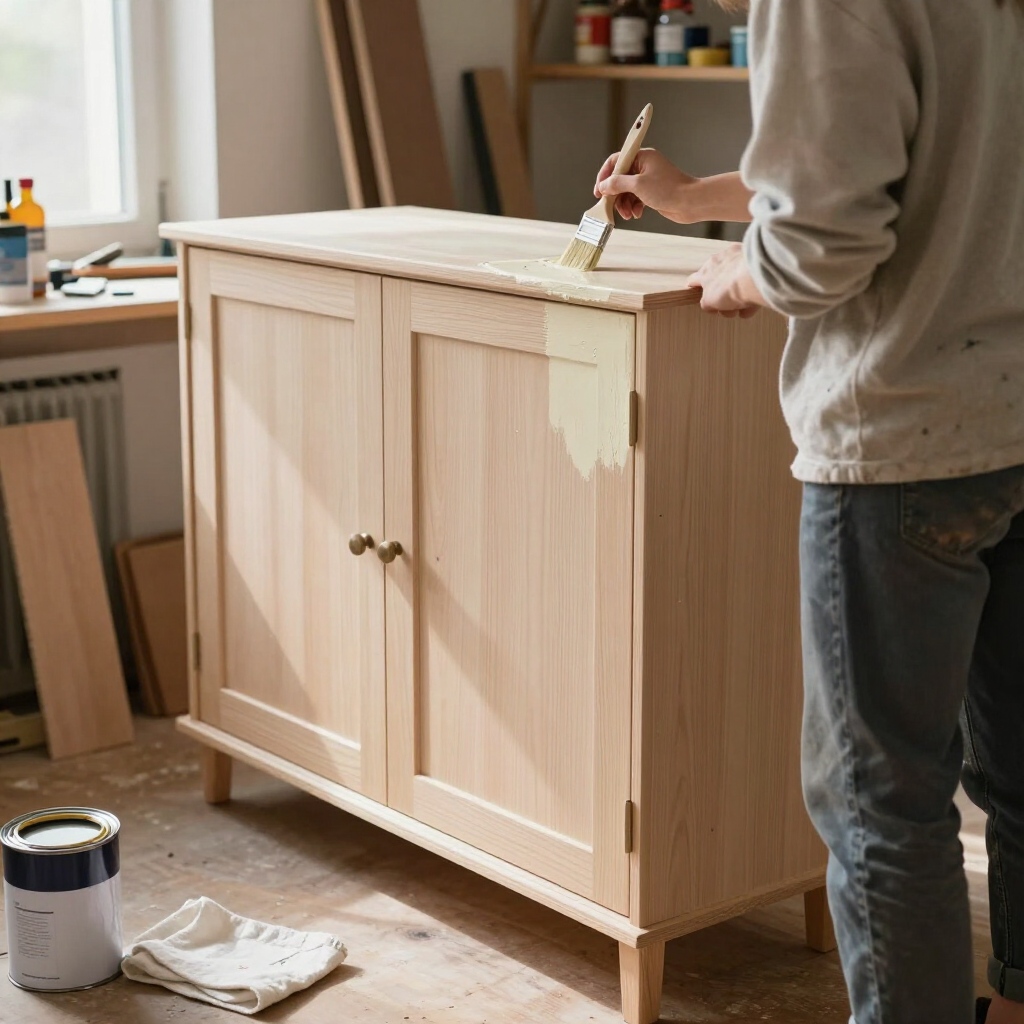 A person painting a light wood cabinet in a bright workshop, with a paint can and cloth nearby