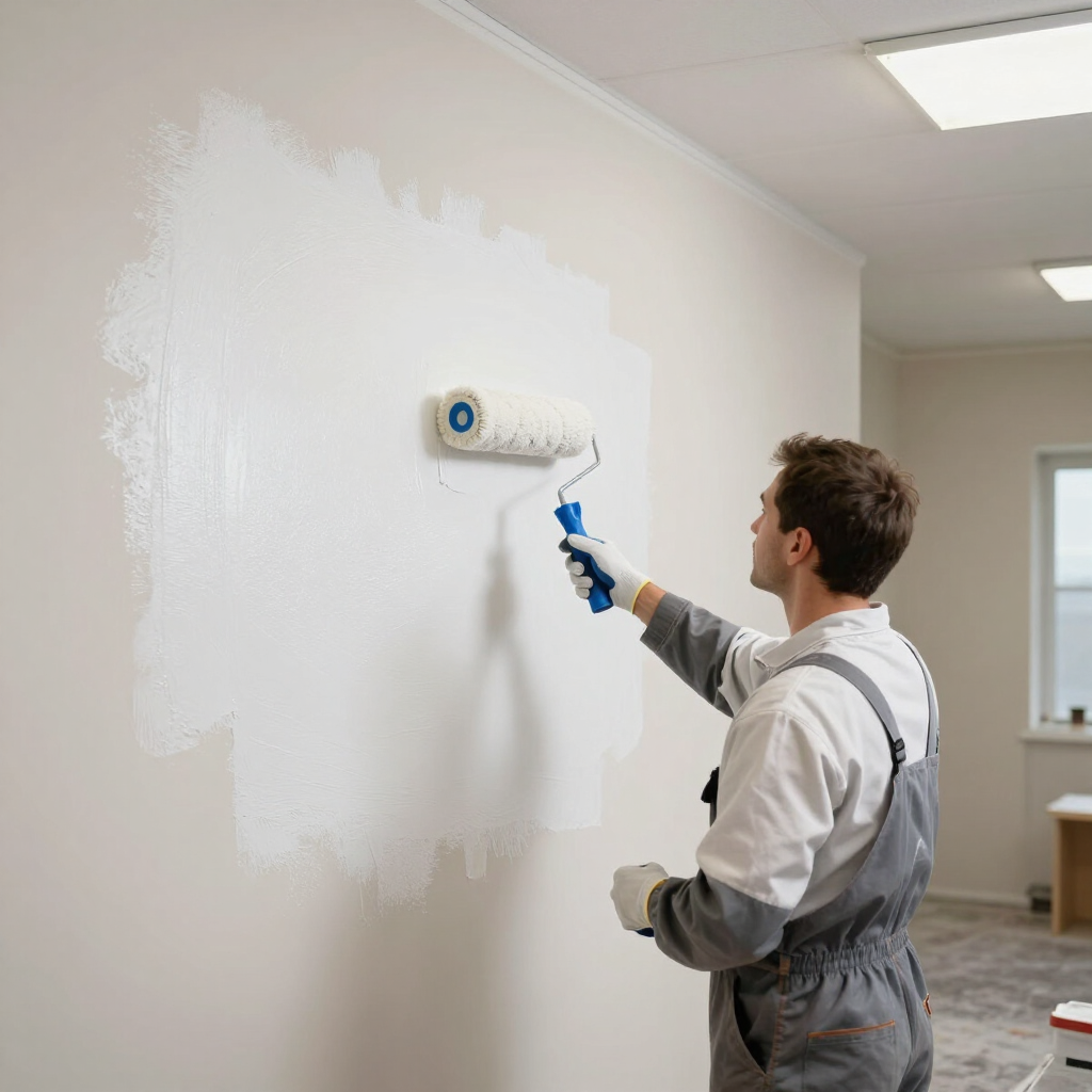 Painter rolling white paint on a wall in a bright room