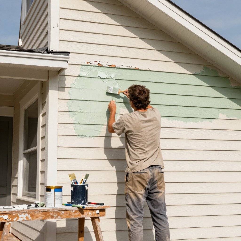 Painter applying green paint to a house exterior beside a ladder and paint cans