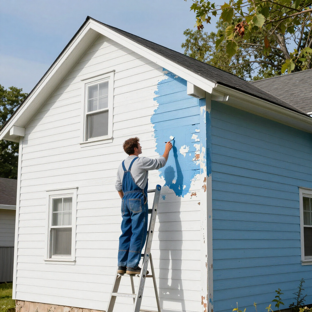 Person painting a house exterior white with blue paint, standing on a ladder.