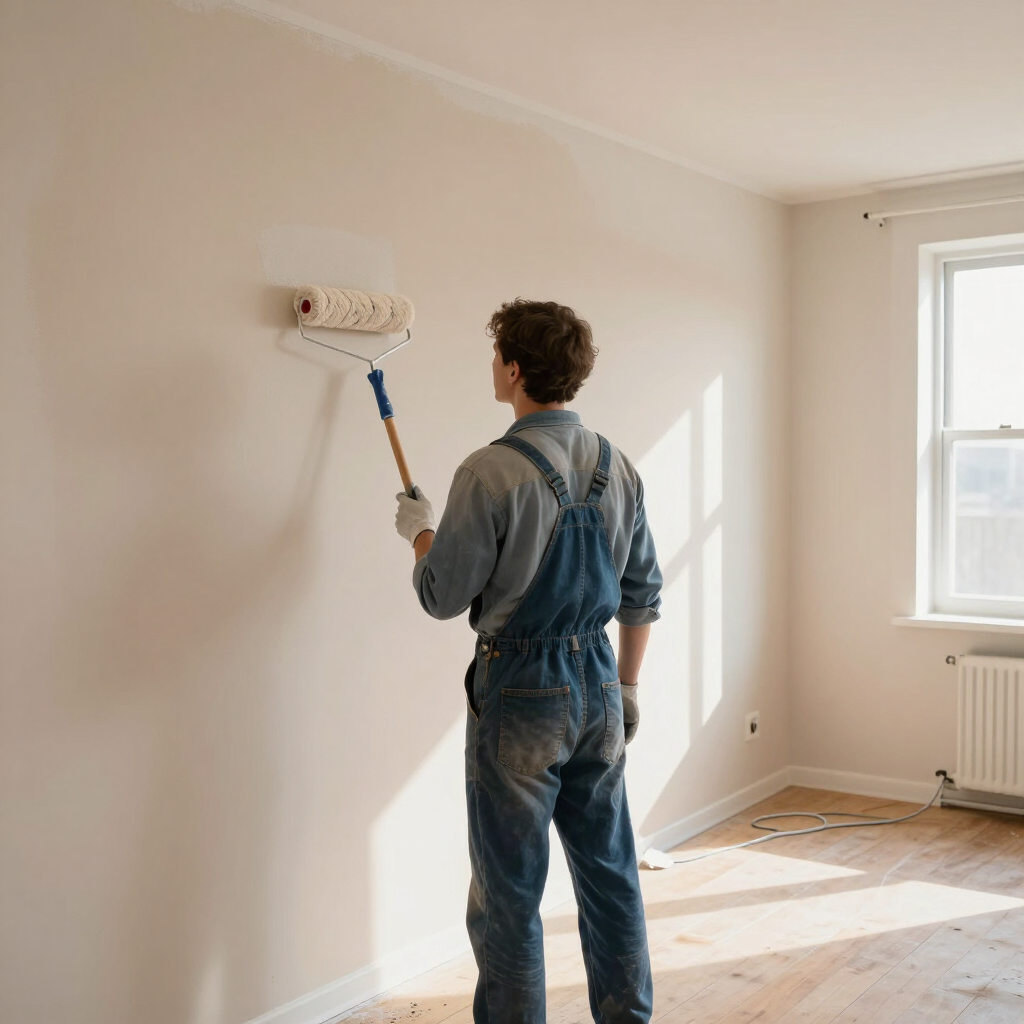 Person painting a beige wall in a sunlit room with a paint roller