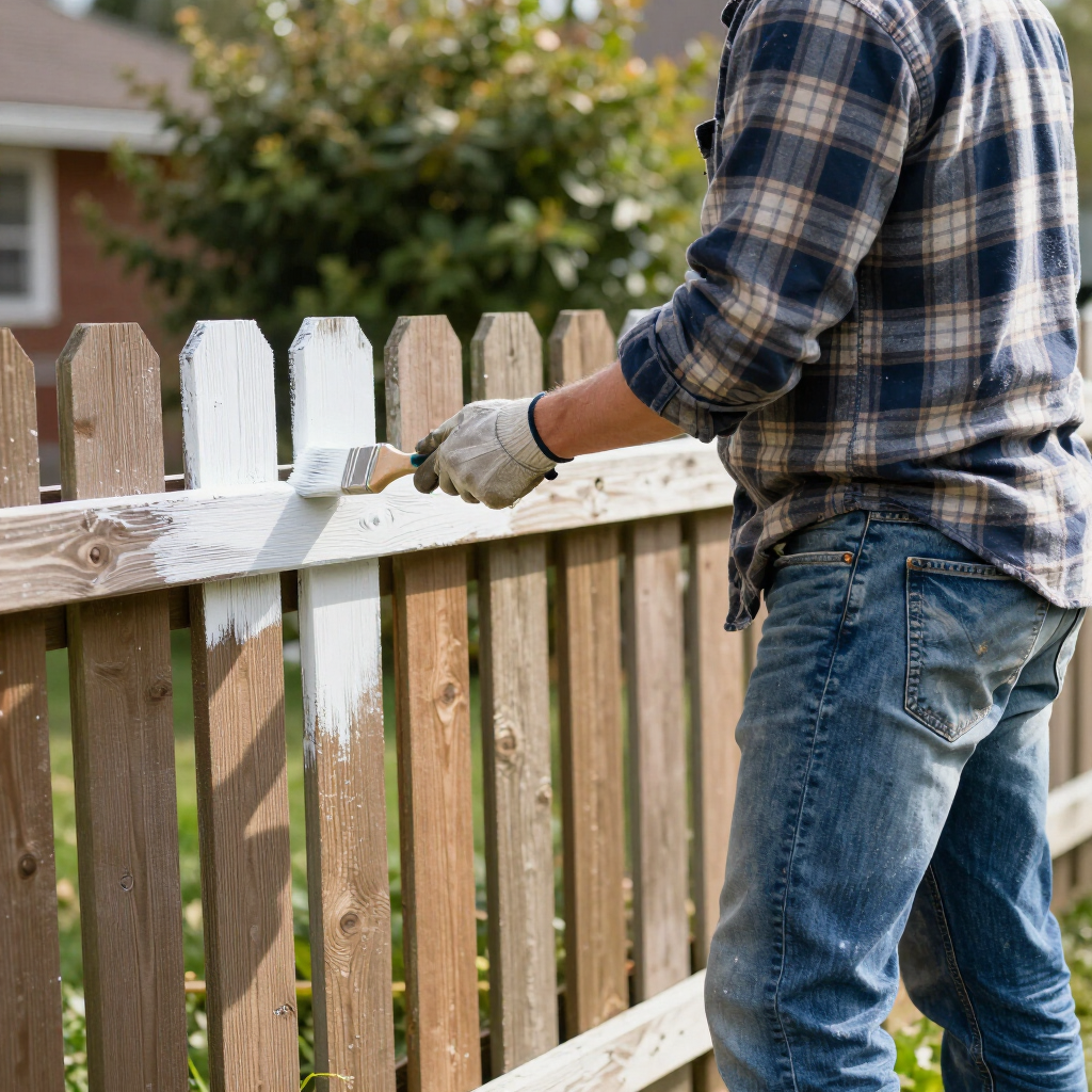 Person painting a wooden fence with white paint outdoors
