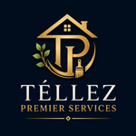 Gold house-and-monogram logo for T&eacute;llez Premier Services on a black background