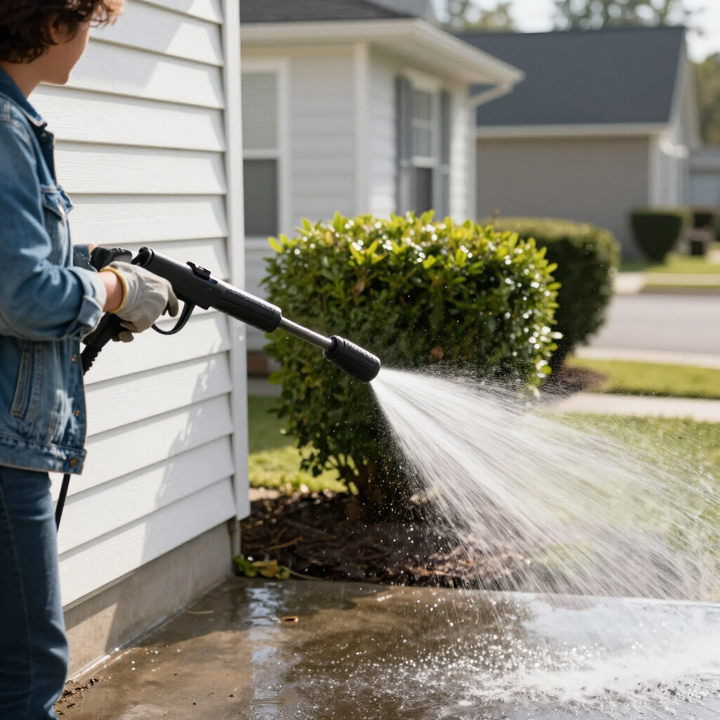 Person pressure washing a house’s siding and walkway beside a green shrub.