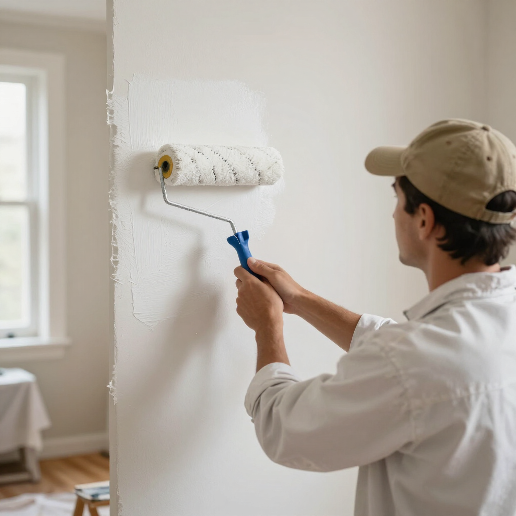 Person painting a white wall with a roller in a bright room