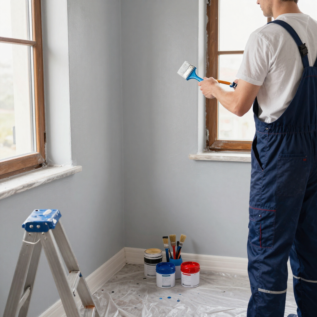Painter in blue overalls painting a gray room near windows, with supplies and a step stool on the floor