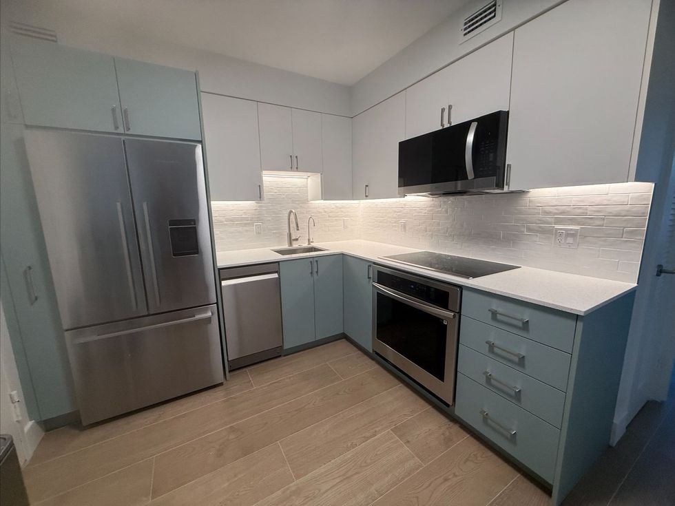 Modern kitchen with stainless steel appliances, white cabinets, blue lower cabinets, and light wood flooring