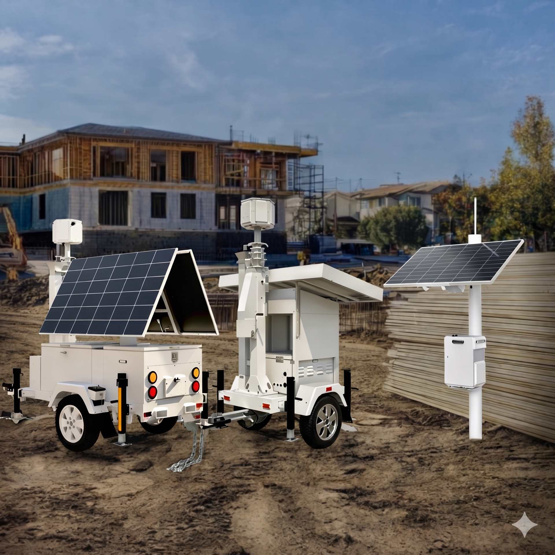 Two solar-powered mobile sensor units on dirt near a construction site under a blue sky