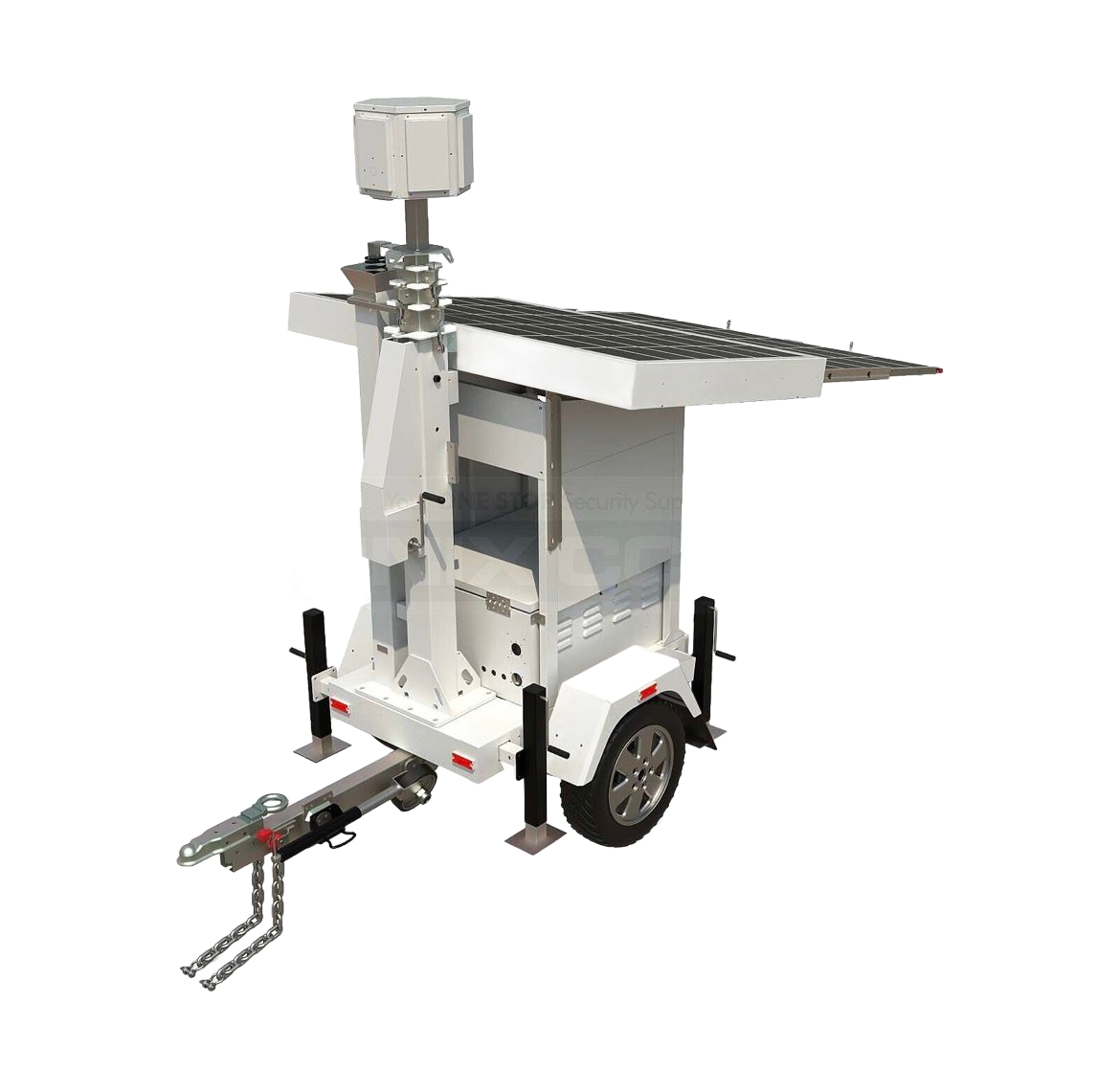 White mobile trailer-mounted machine with a solar panel roof and front hitch on a plain background