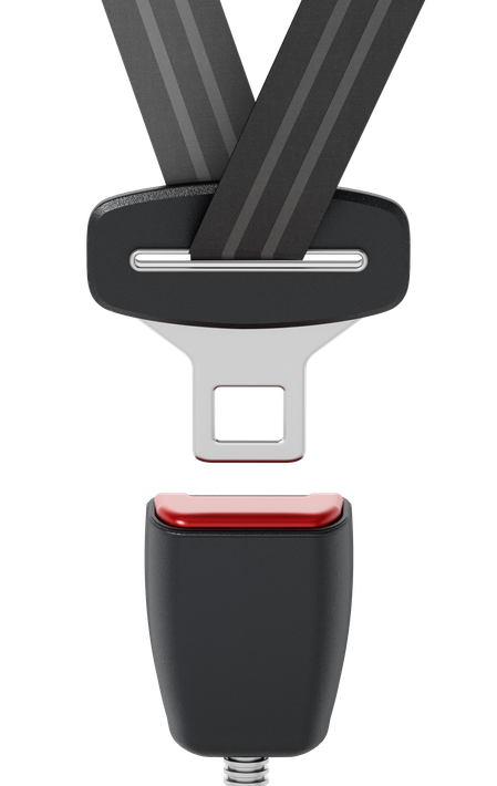 A black car seat belt buckle and its corresponding red-buttoned release mechanism against a white background.