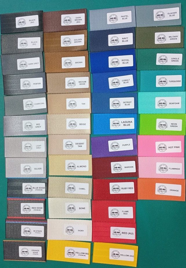 Rows of labeled colored cards arranged on a board, grouped by color from gray to yellow on a teal background