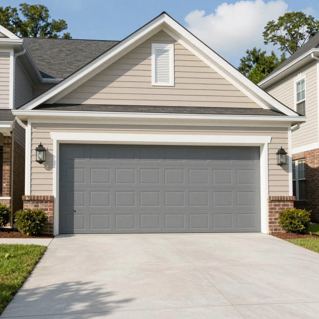 Suburban house exterior with a gray garage door and concrete driveway