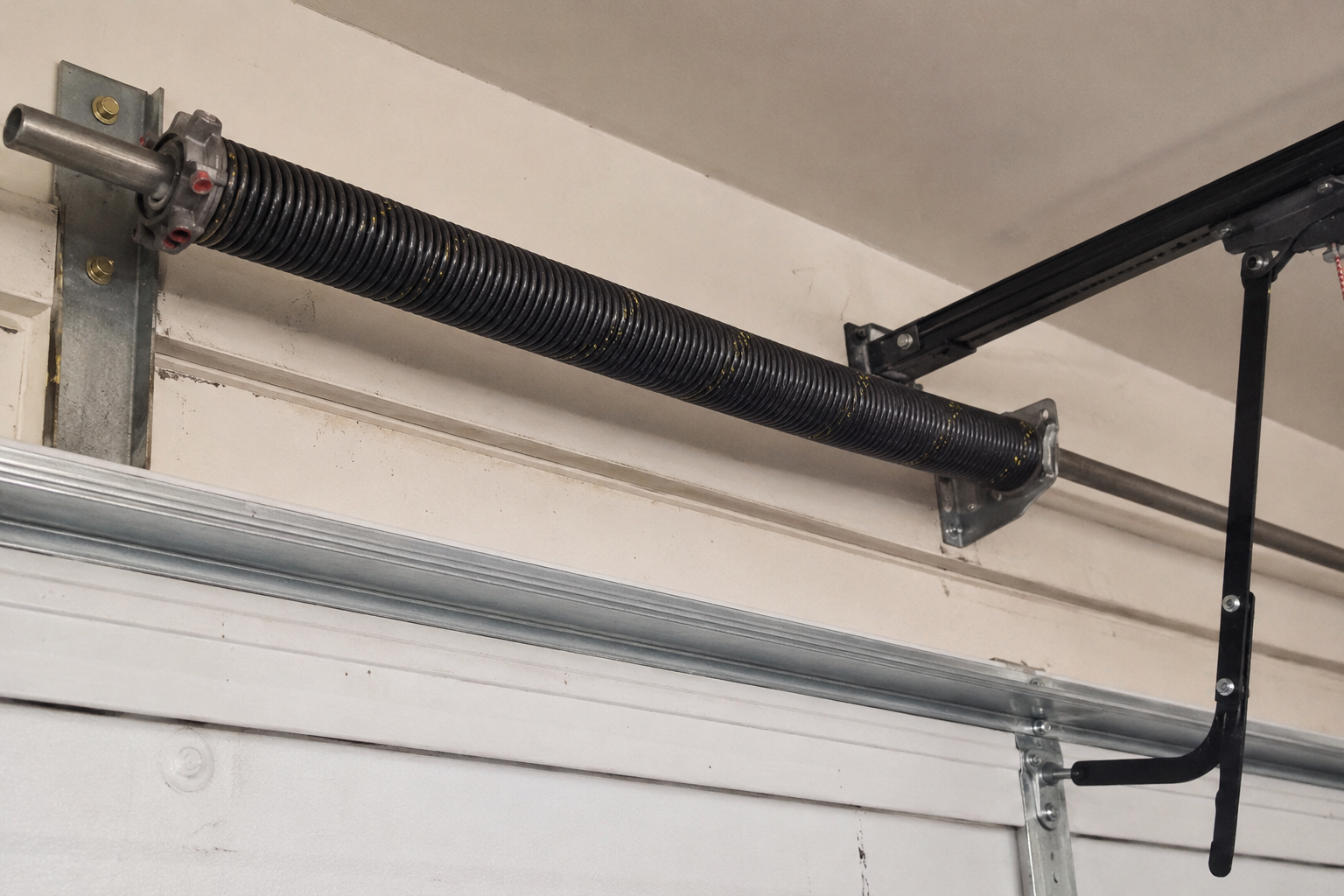 Garage door torsion spring assembly with black and silver springs mounted above a white door.