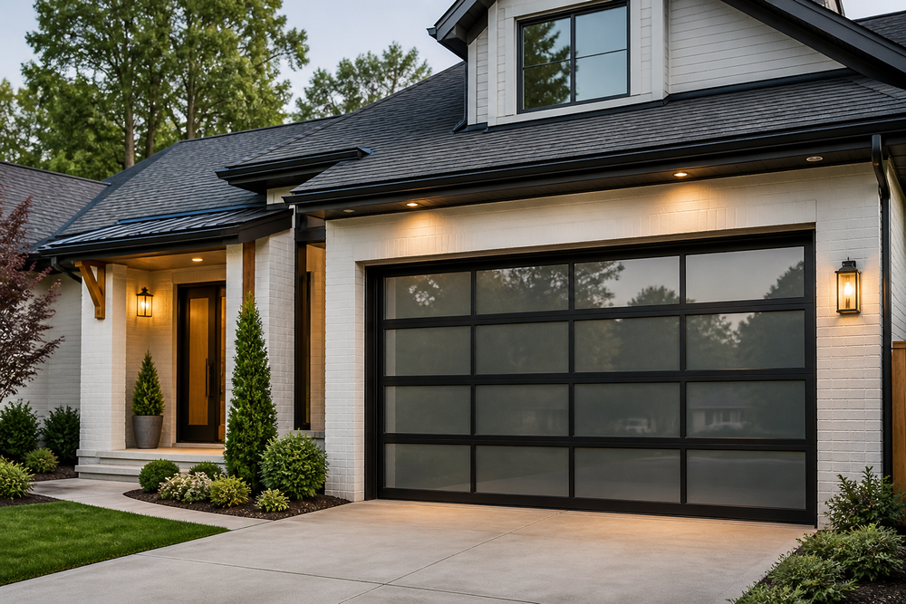 Modern two-story house with black garage door, white brick exterior, and landscaped front entry