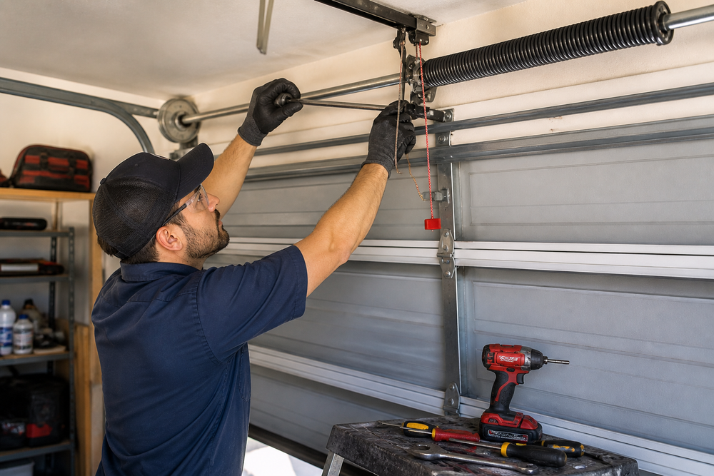 Man working on a garage door opener with tools in a garage