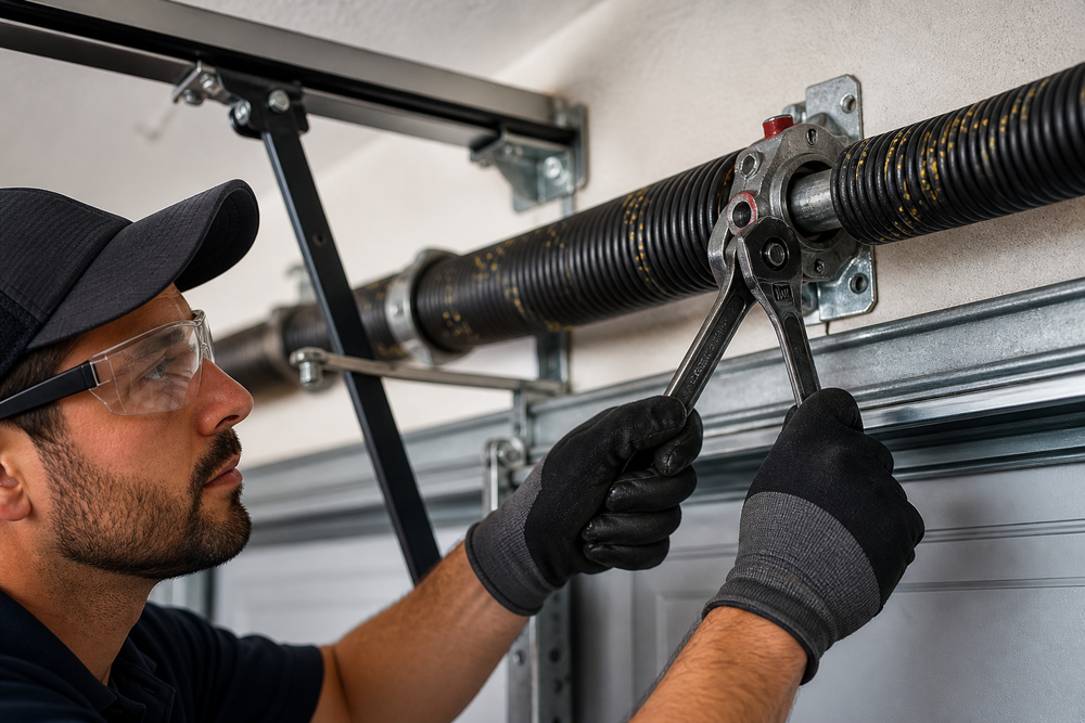 Technician using a wrench to adjust a garage door opener rail on a wall-mounted motor unit.