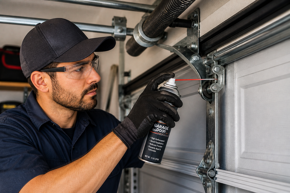 Technician spraying lubricant on a garage door track and rollers with a black spray bottle