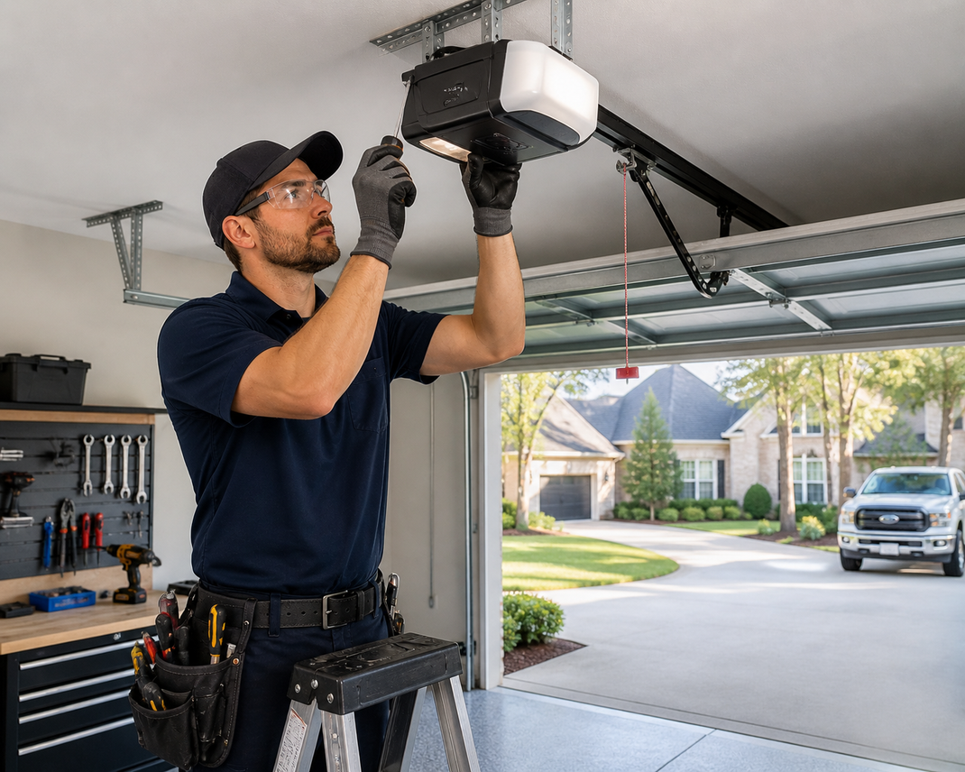 Technician adjusting a garage door opener with a ladder in a suburban garage