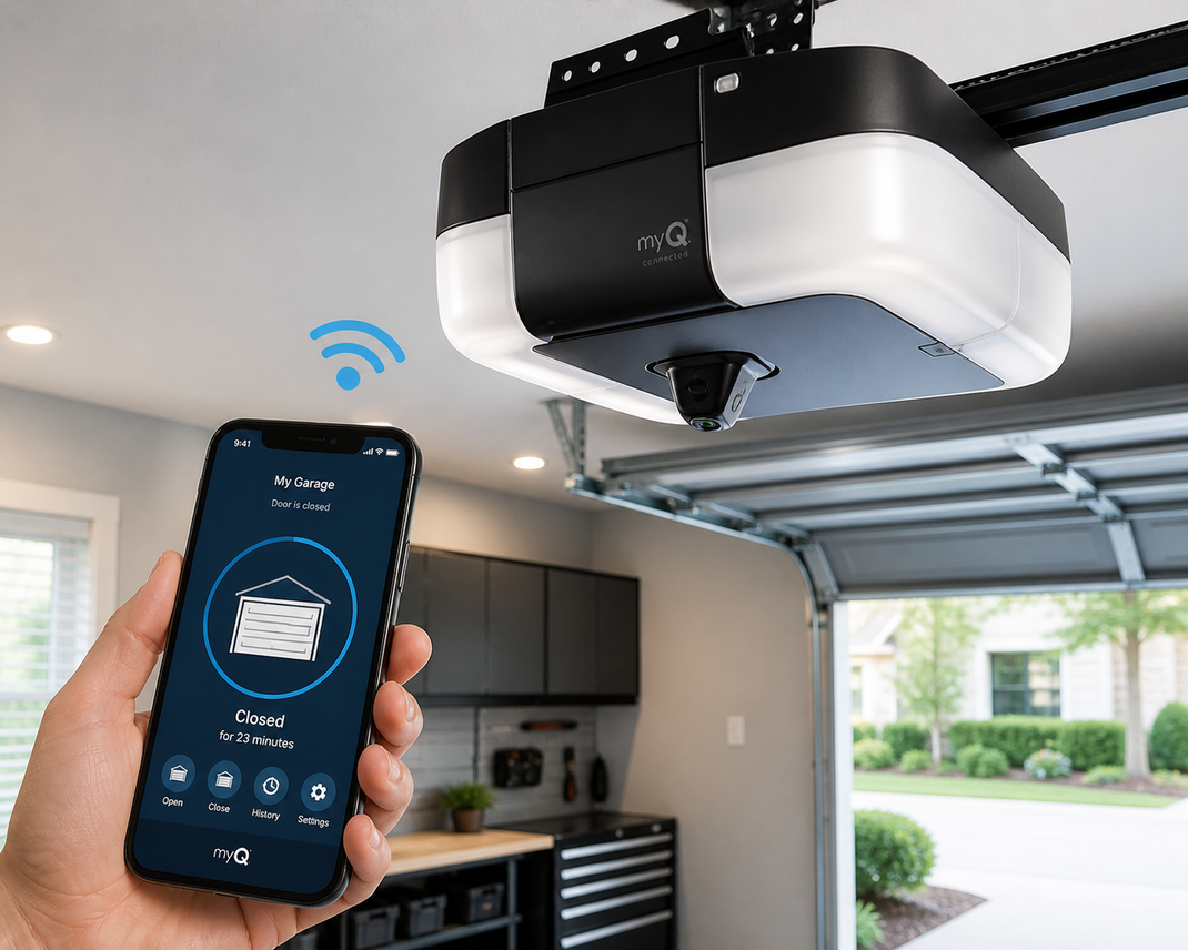 Hand holding a smartphone controlling a garage door opener via app, with wireless signal icon.