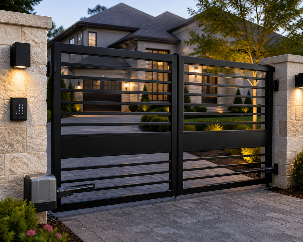 Modern black metal driveway gate in front of a contemporary house at dusk