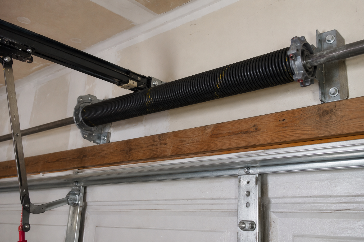 Garage door spring and track mounted above a white door.